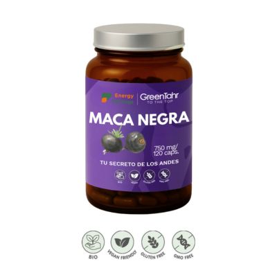 Embalagem de 120 cápsulas da Maca Negra Bio em cápsulas, da Energy Feelings.