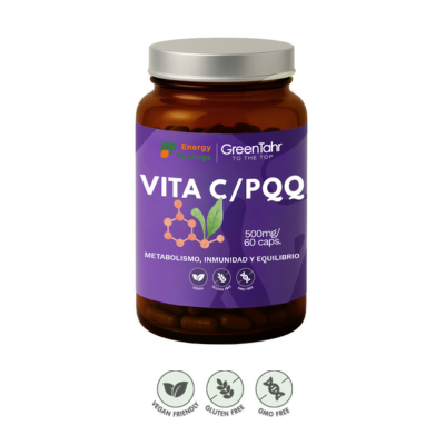 Embalagem de 60 cápsulas da Vitamina C + PQQ, da Energy Feelings.