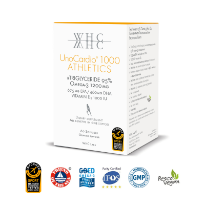 Embalagem de 60 cápsulas do UnoCardio 1000 Athletics da WHC Labs.