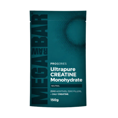 Embalagem de 150 g da Creatina Monoidratada Ultrapura Creapure® da MegaRawBar.