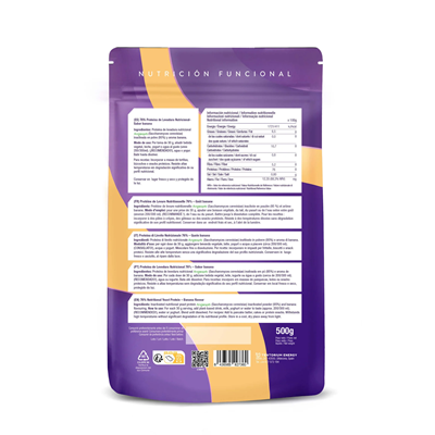 Verso da embalagem de 500 g de Proteína de Levedura Nutricional Banana, da Energy Feelings.