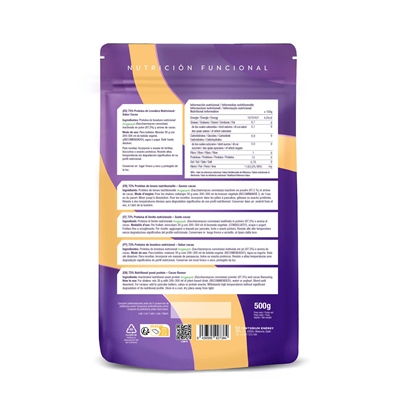 Verso da embalagem de 500 g de Proteína de Levedura Nutricional Cacau, da Energy Feelings.