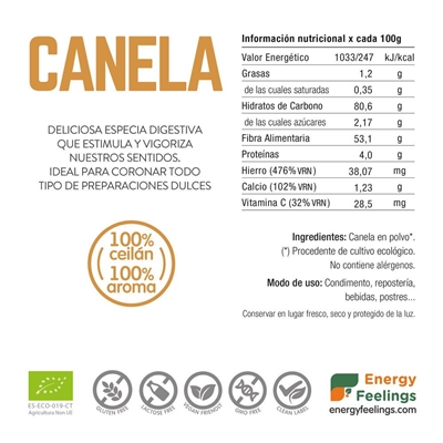 Rótulo da Canela em Pó Bio da Energy Feelings.