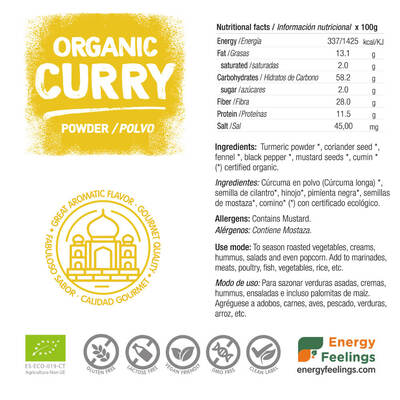 Rótulo do Caril em Pó Bio da Energy Feelings.