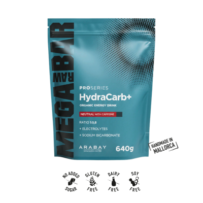 Embalagem de 640 g da Bebida Energética HydraCarb+ Cafeína ProSeries da MegaRawBar.