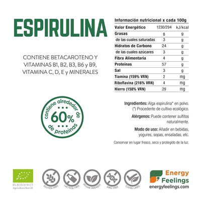 Rótulo da Espirulina em Pó Bio da Energy Feelings.