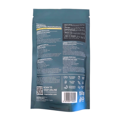 Verso da embalagem de 150 g da Creatina Creavitalis ® Monoidratada & Micronizada da MegaRawBar.
